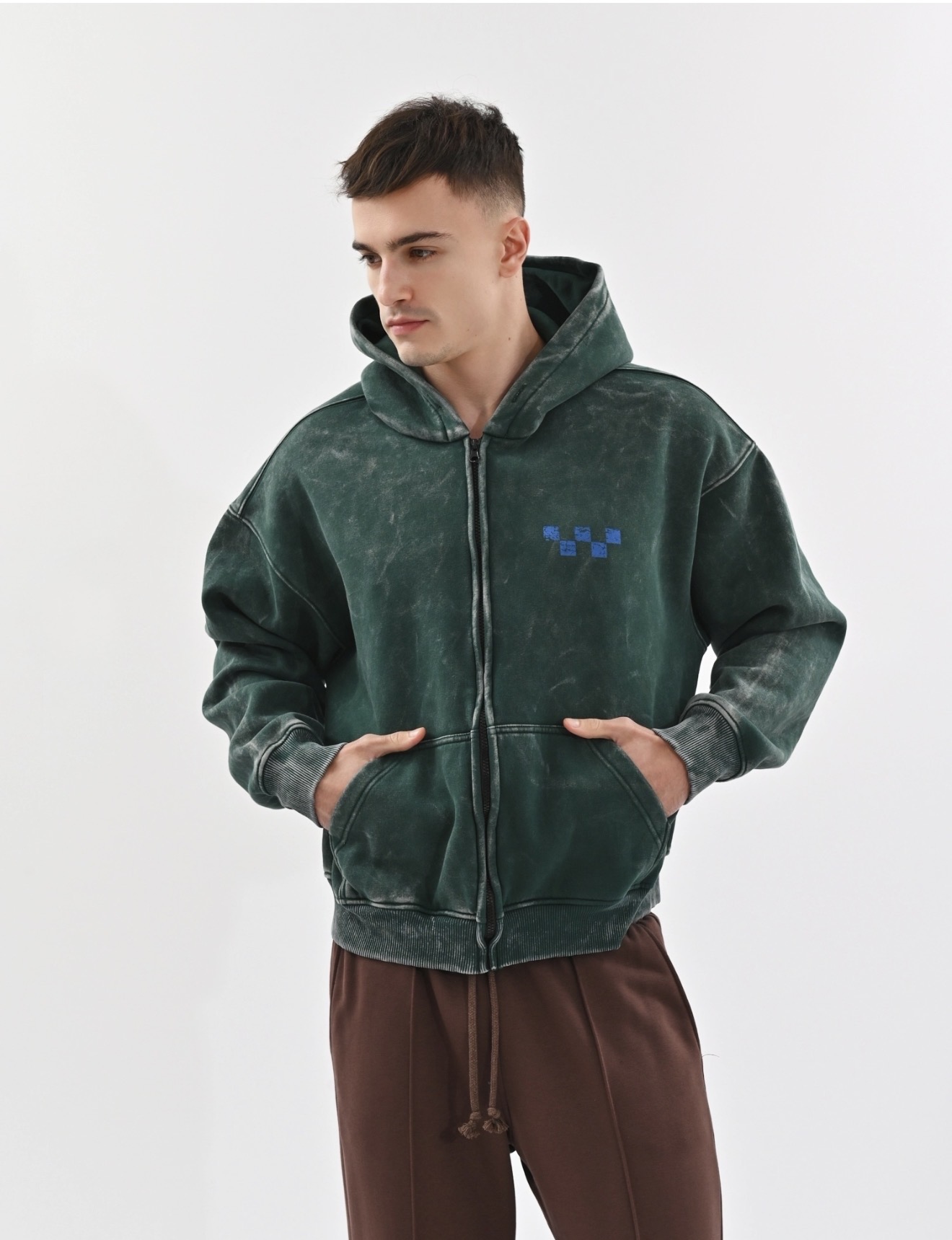 Washed Green Graphic Zip Hoodie — Model View