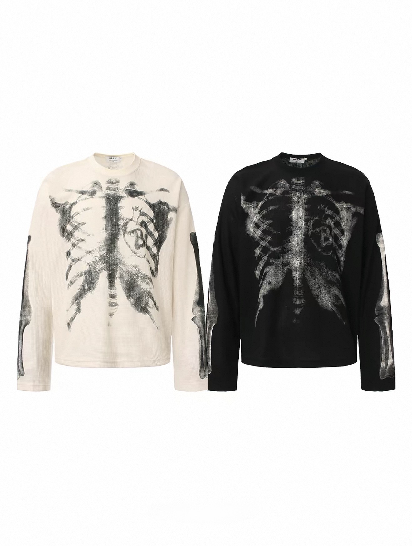 Skeleton Graphic Long-Sleeve Tee — Black & Cream Set View
