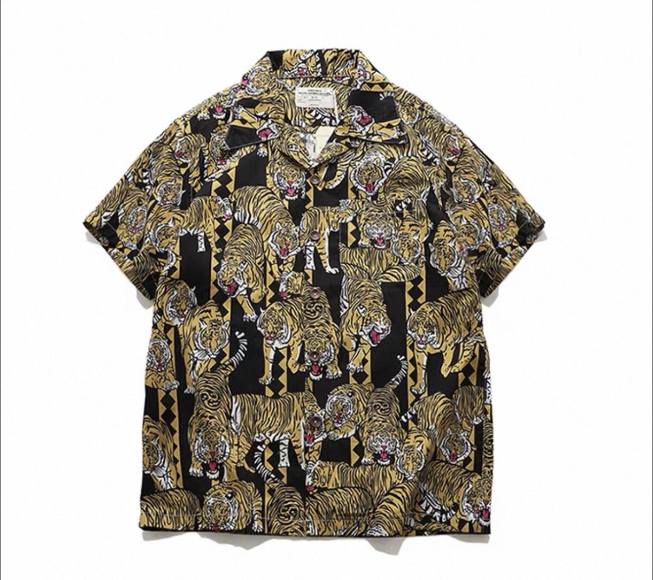 Tiger Print Camp-Collar Shirt — Mustard / Black
