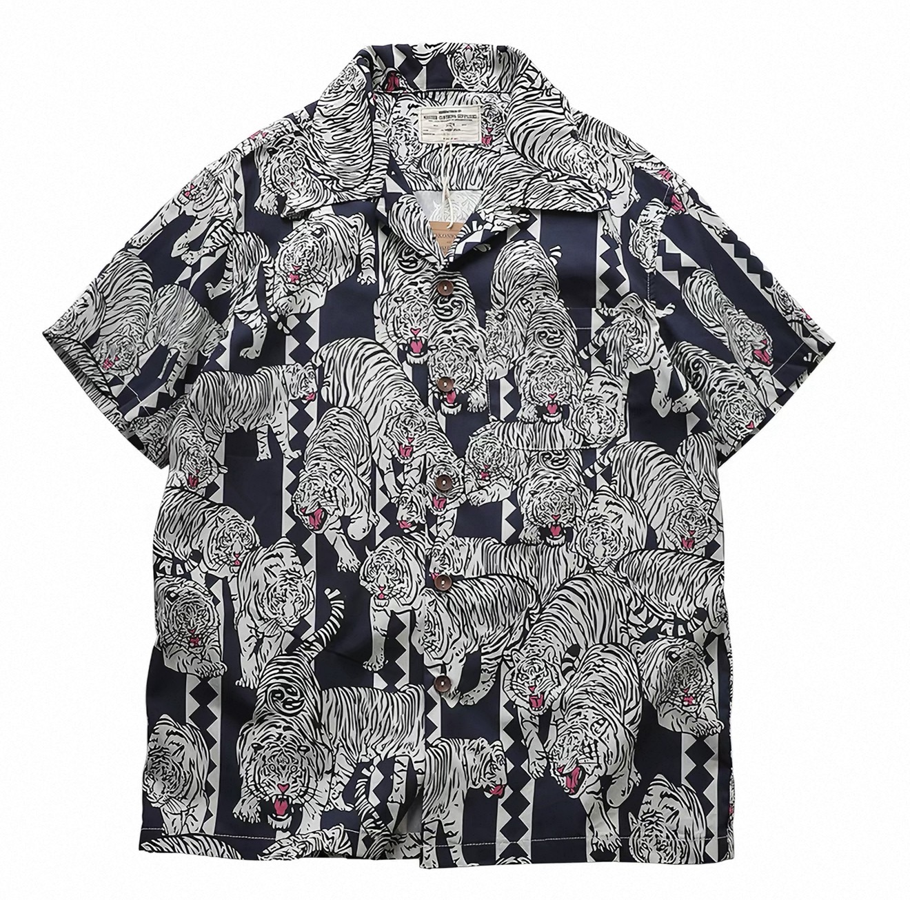 Tiger Print Camp-Collar Shirt — Navy / White